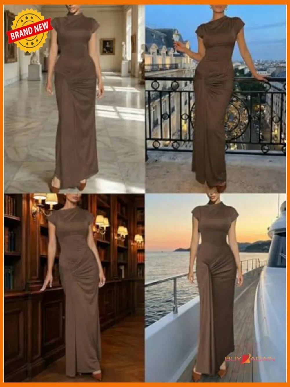 Bodycon Maxi Dress Mock Neck Lace Up Bandage Ruched Short Sleeve Cocktail Dress - Picture 5 of 7